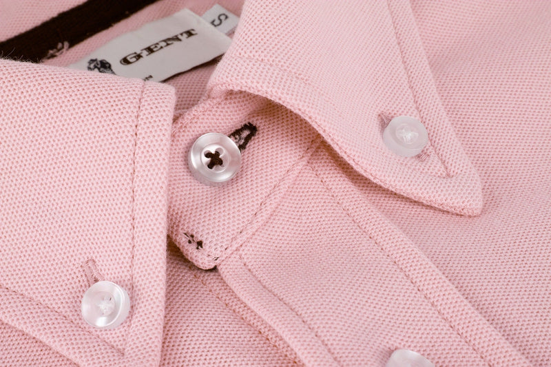 British menswear The Gent Richmond long sleeved shirt in pink with navy Gent logo collar close up view
