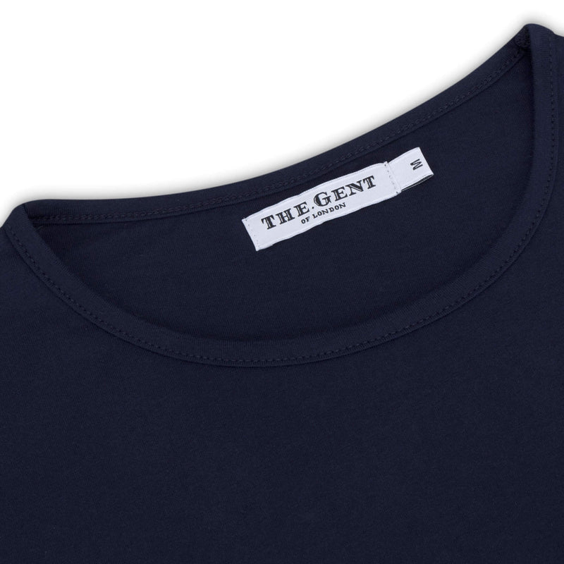 British menswear The Gent Newham crew neck t shirt in navy with white Gent logo collar view
