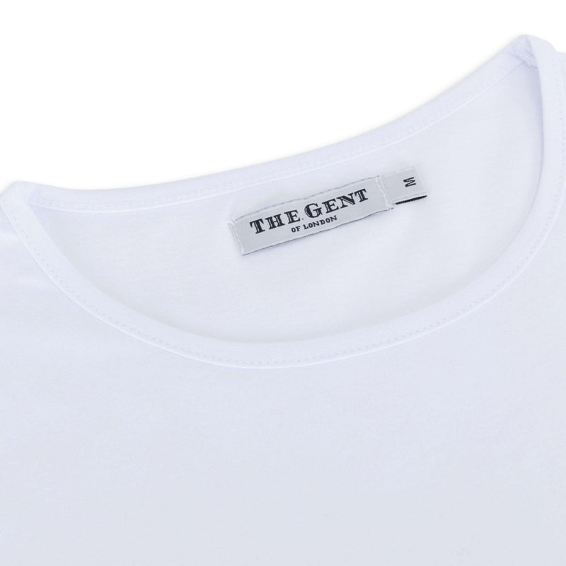 British menswear The Gent Newham crew neck t shirt in white with pink Gent logo collarview