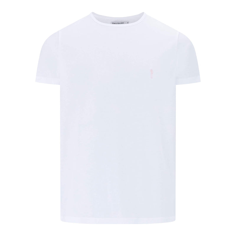 British menswear The Gent Newham crew neck t shirt in white with pink Gent logo front view