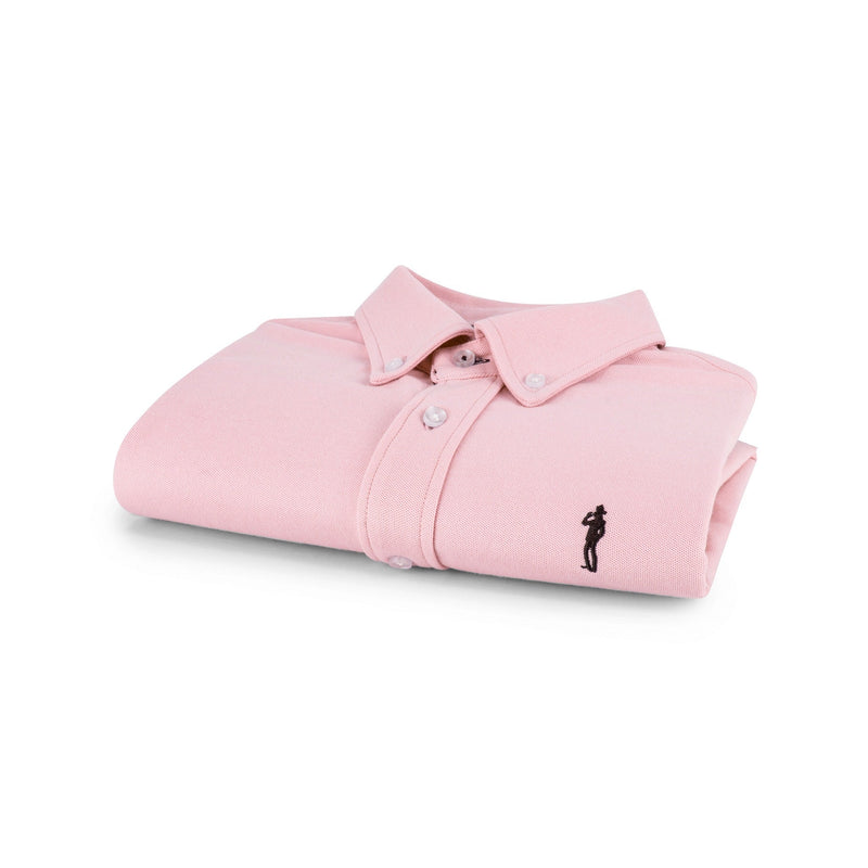 British menswear The Gent Richmond long sleeved shirt in pink with navy Gent logo folded 3d view