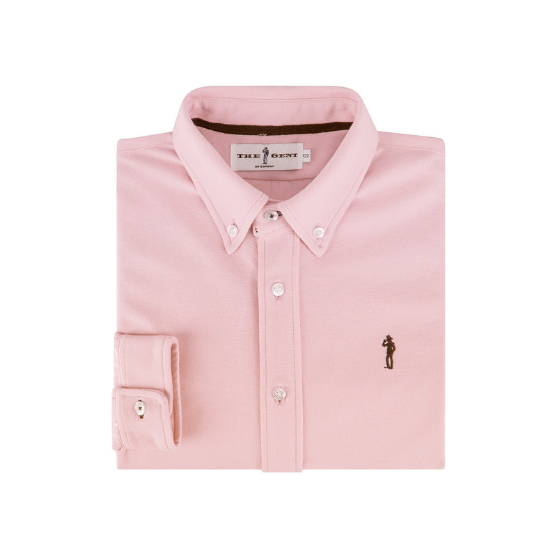 British menswear The Gent Richmond long sleeved shirt in pink with navy Gent logo folded birds eye view