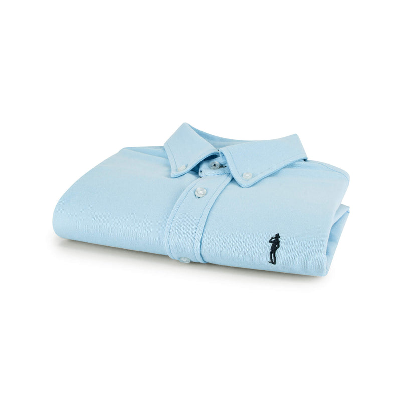 British menswear The Gent Richmond long sleeved shirt in sky blue with navy Gent logo folded 3d view