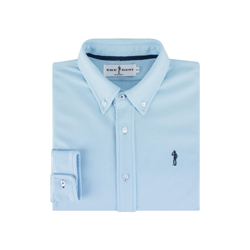 British menswear The Gent Richmond long sleeved shirt in sky blue with navy Gent logo folded birds eye view