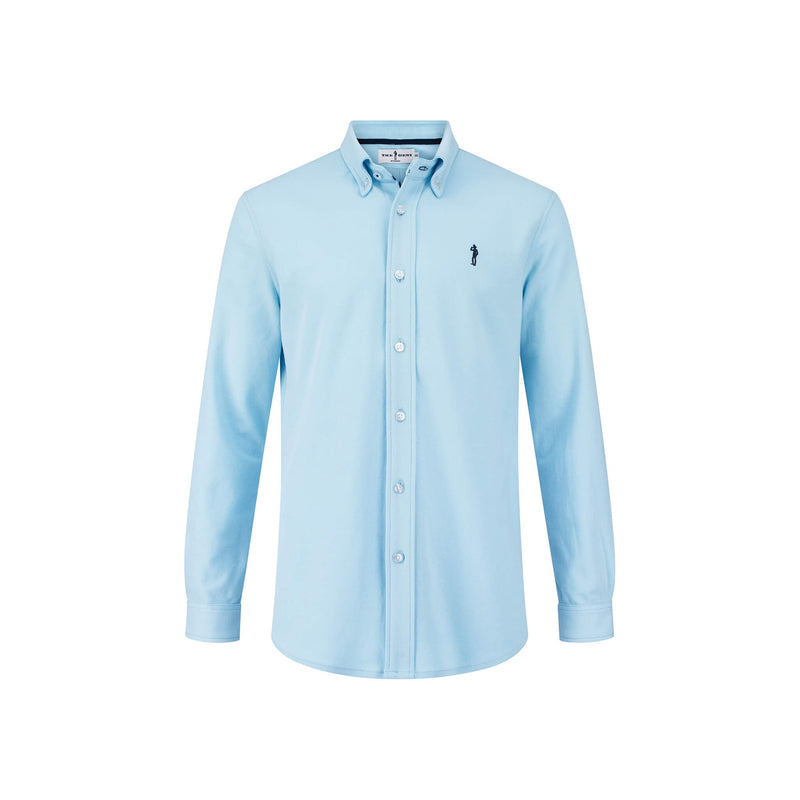 British menswear The Gent Richmond long sleeved shirt in sky blue with navy Gent logo front view