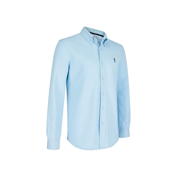 British menswear The Gent Richmond long sleeved shirt in sky blue with navy Gent logo side view