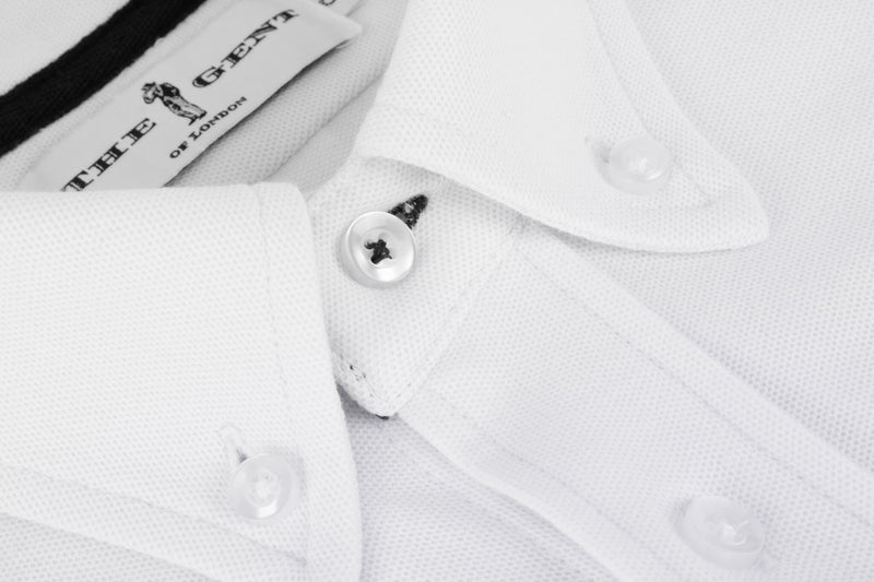British menswear The Gent Richmond long sleeved shirt in white with navy Gent logo collar close up view