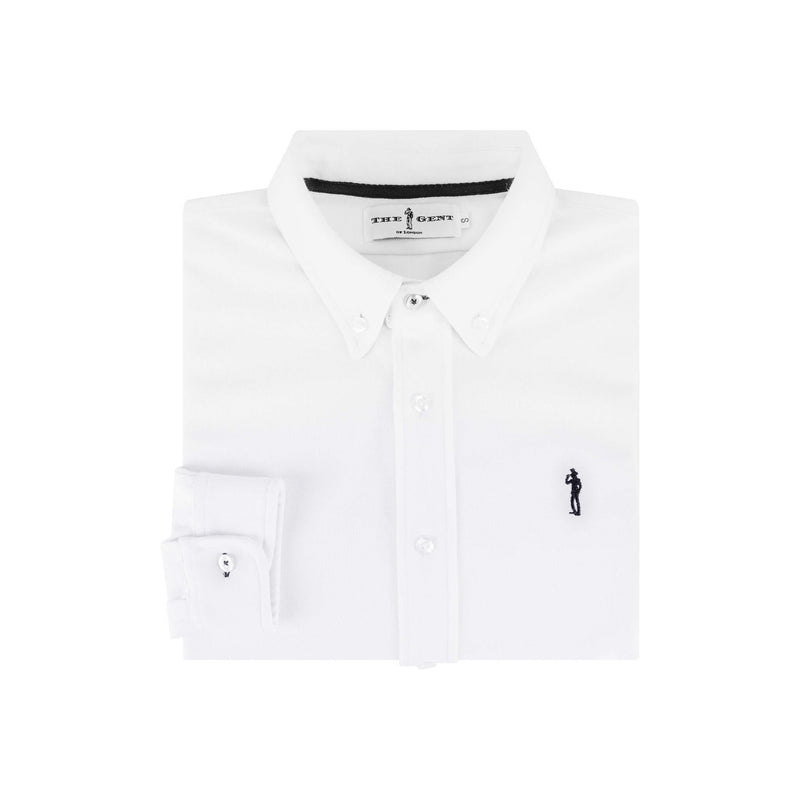 British menswear The Gent Richmond long sleeved shirt in white with navy Gent logo folded birds eye view