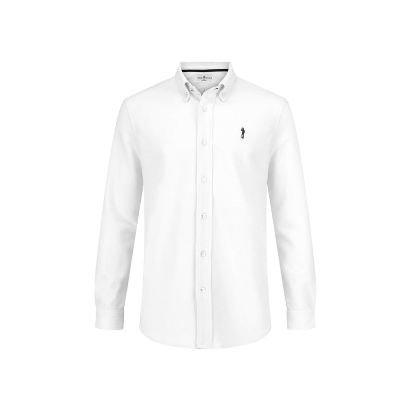 British menswear The Gent Richmond long sleeved shirt in white with navy Gent logo front view