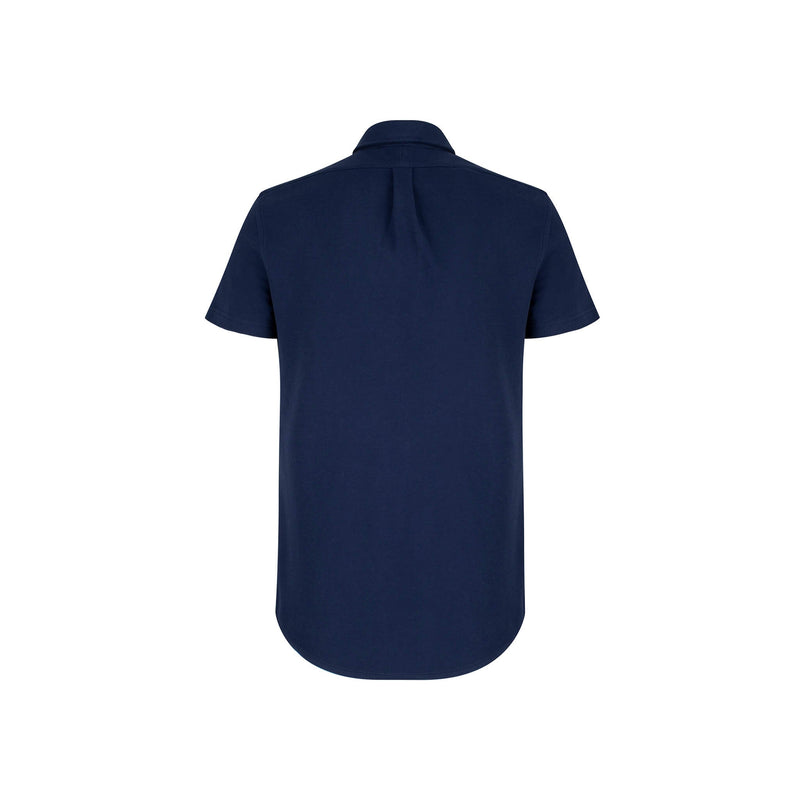 British menswear The Gent Wimbledon short sleeved polo shirt in navy with white Gent logo back view