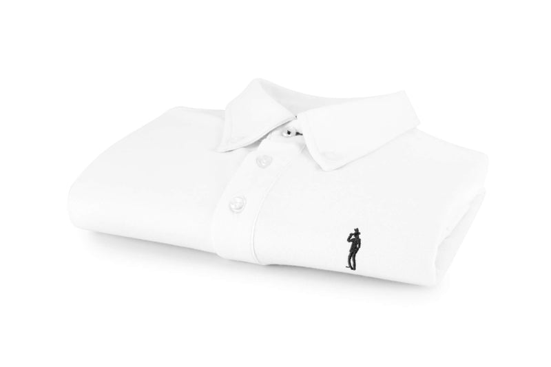 British menswear The Gent Wimbledon short sleeved polo shirt in white with navy Gent logo folded 3d view
