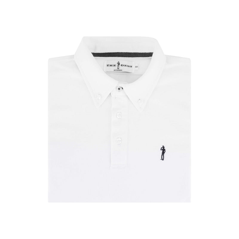 British menswear The Gent Wimbledon short sleeved polo shirt in white with navy Gent logo folded birds eye view