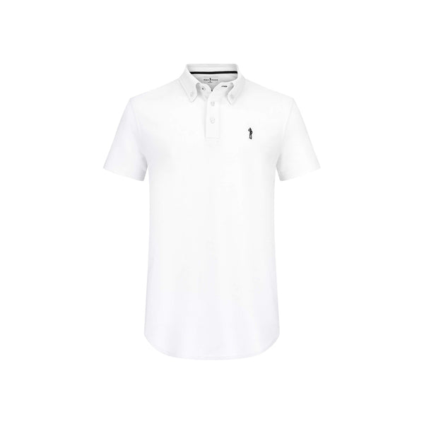 British menswear The Gent Wimbledon short sleeved polo shirt in white with navy Gent logo front view