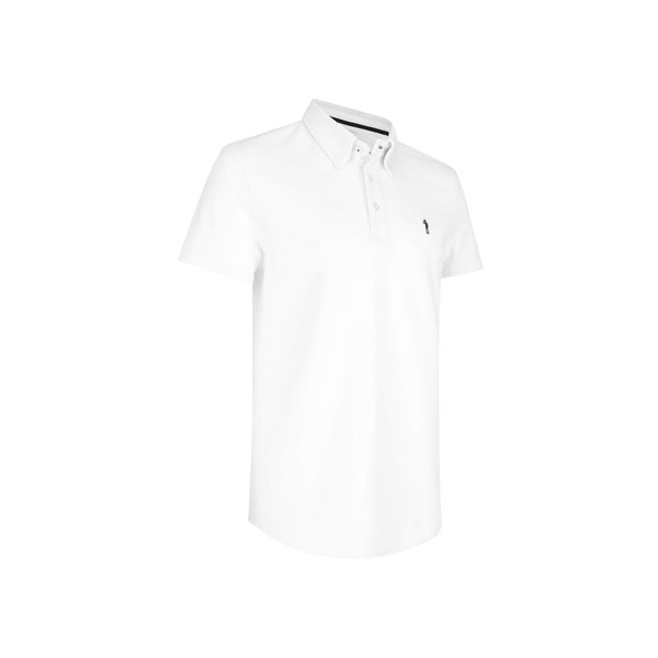 British menswear The Gent Wimbledon short sleeved polo shirt in white with navy Gent logo side view
