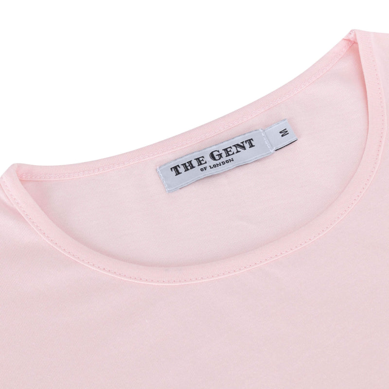 British menswear The Gent Newham crew neck t shirt in pink with white Gent logo collar view